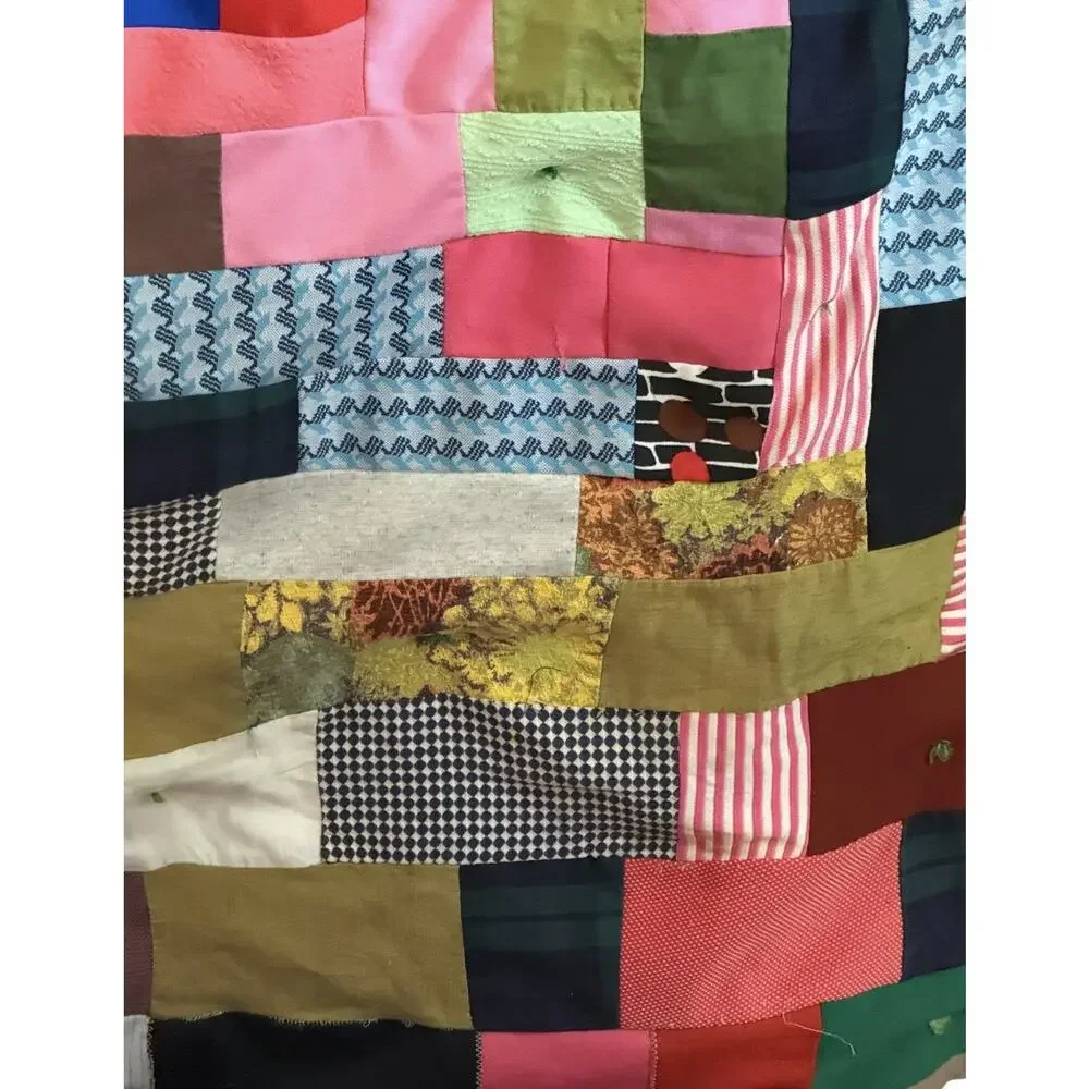 1970s Boho Patchwork Blanket Graphic Prints Quilt VTG Handmade Square 57” X 57”
